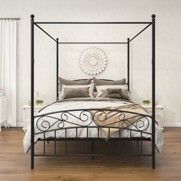 Queen Size Metal Vintage Canopy Bed Frame Black Queen