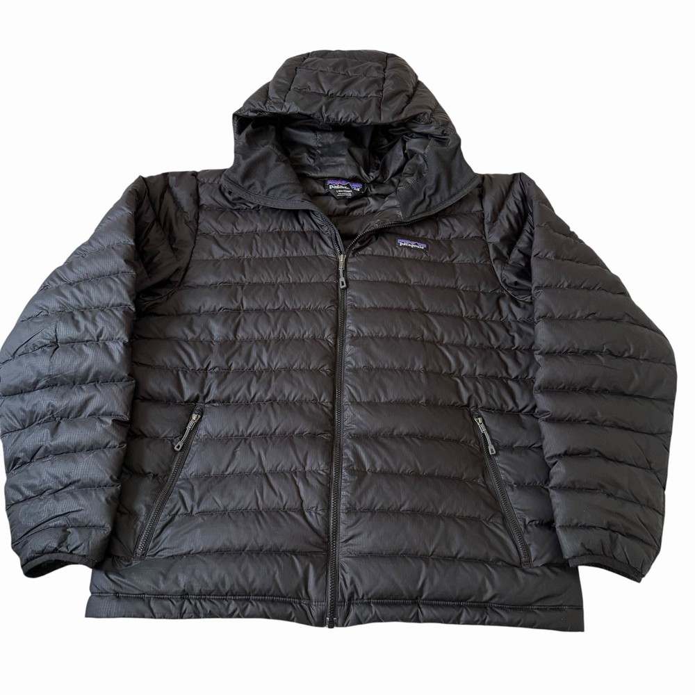 Patagonia Down Sweater Hoody Jacket Mens Large Black Full Zip Puffer