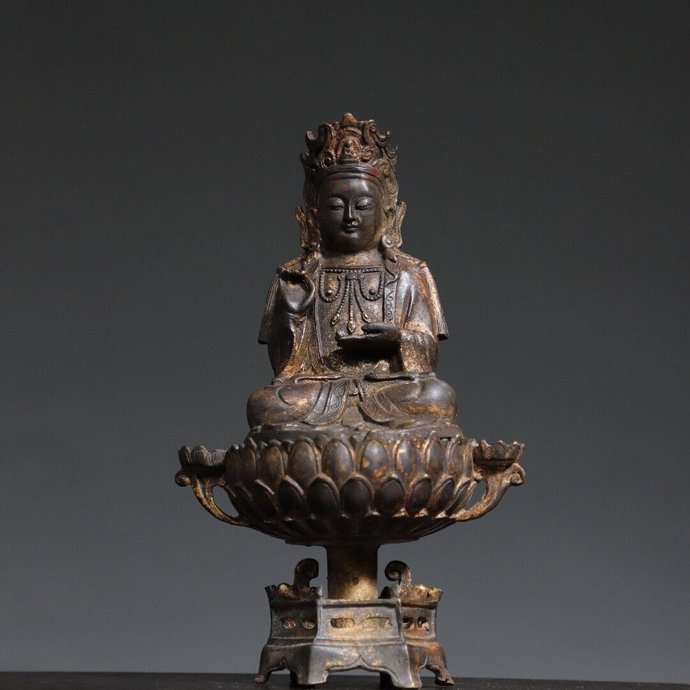 9.1-Inch Antique Tibet Temple Gilt Bronze Guanyin Buddha Statue