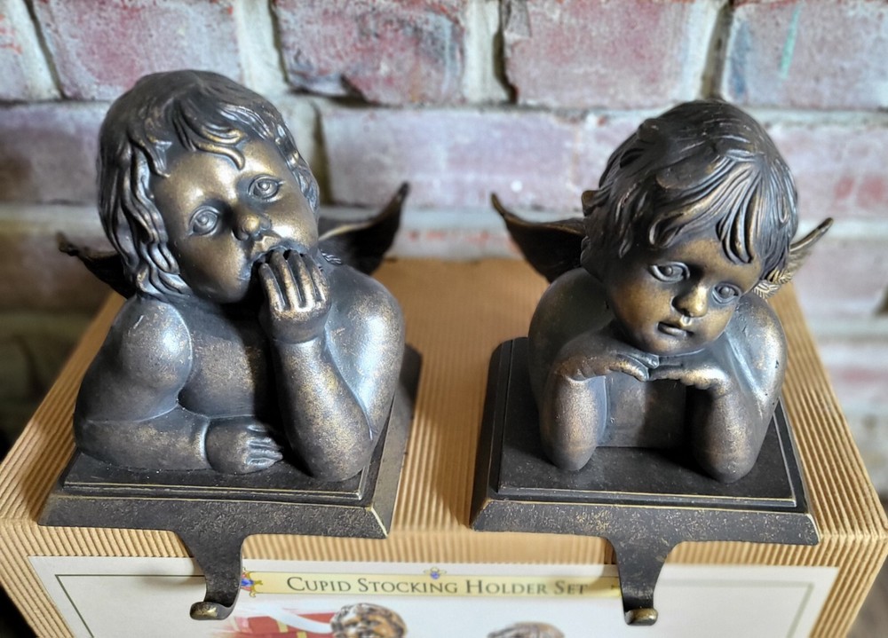 Grandeur Noel Cupid Stocking Holder 2pc Set Angel Cherub Heavy New In Box 2003