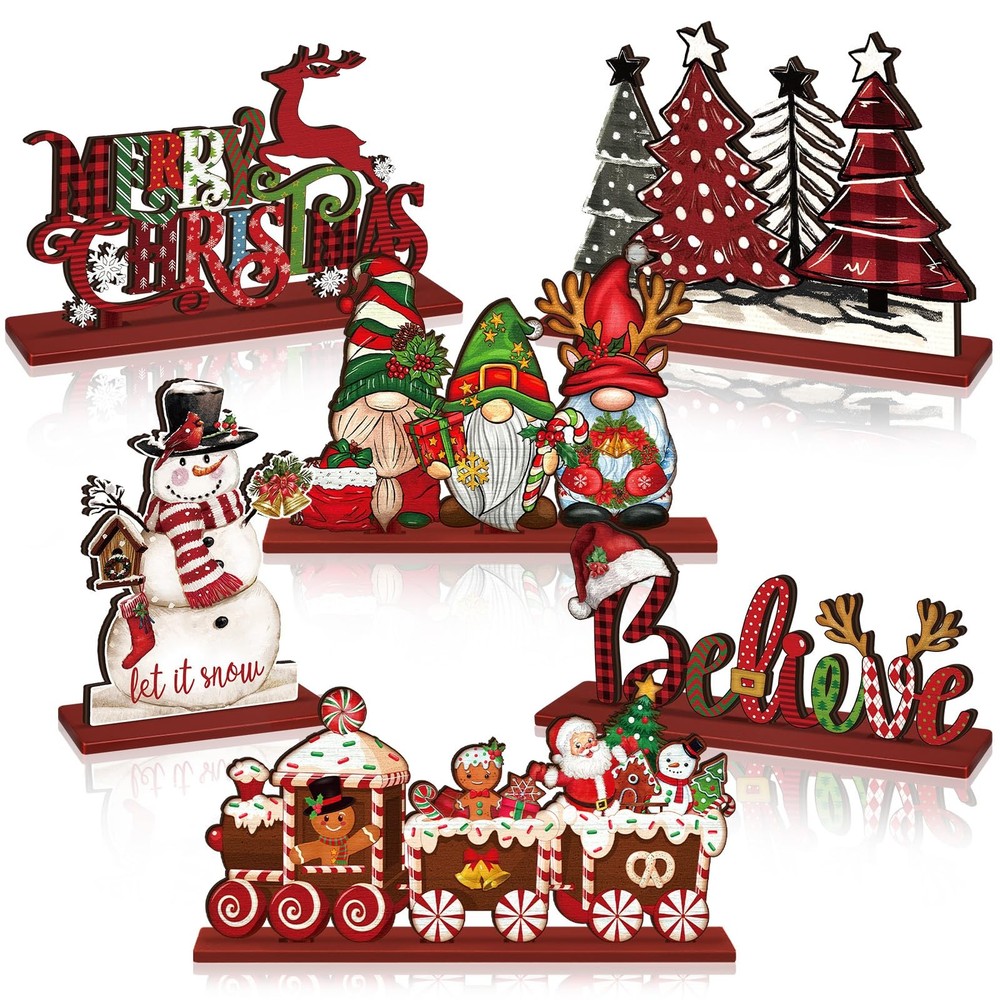 6 Pcs Christmas Table Decorations Wood Centerpieces Decor Merry Christmas Gin...