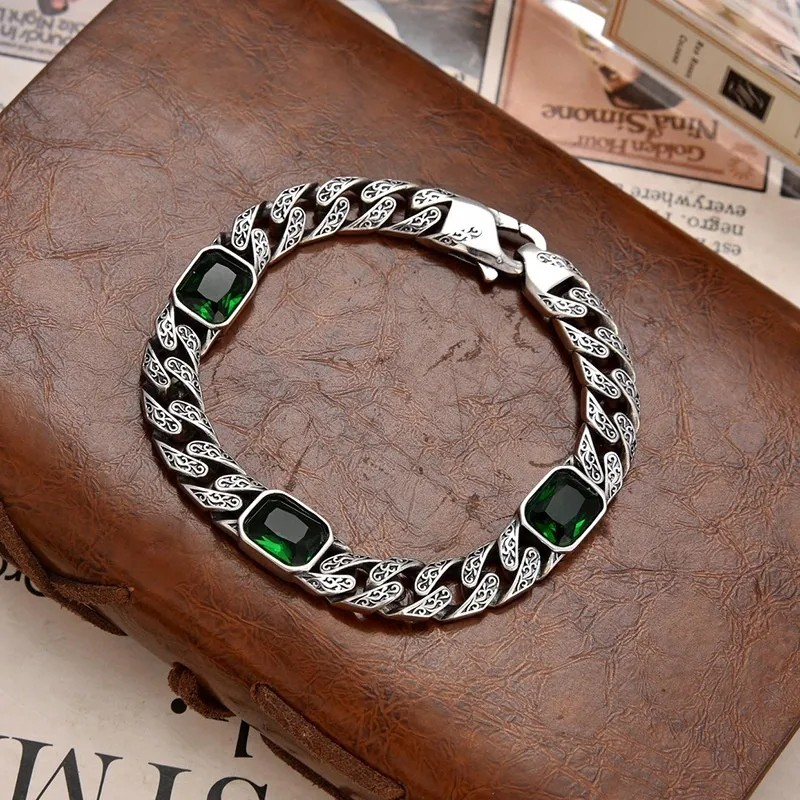 Beautifully Designed Chain Bracelet with Bold Green Stone