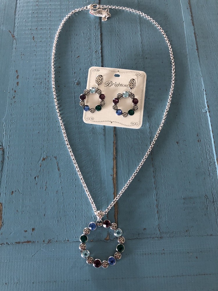 Brighton Elora Gems Circle Post Earrings and Necklace Set with Pouch NWT $190
