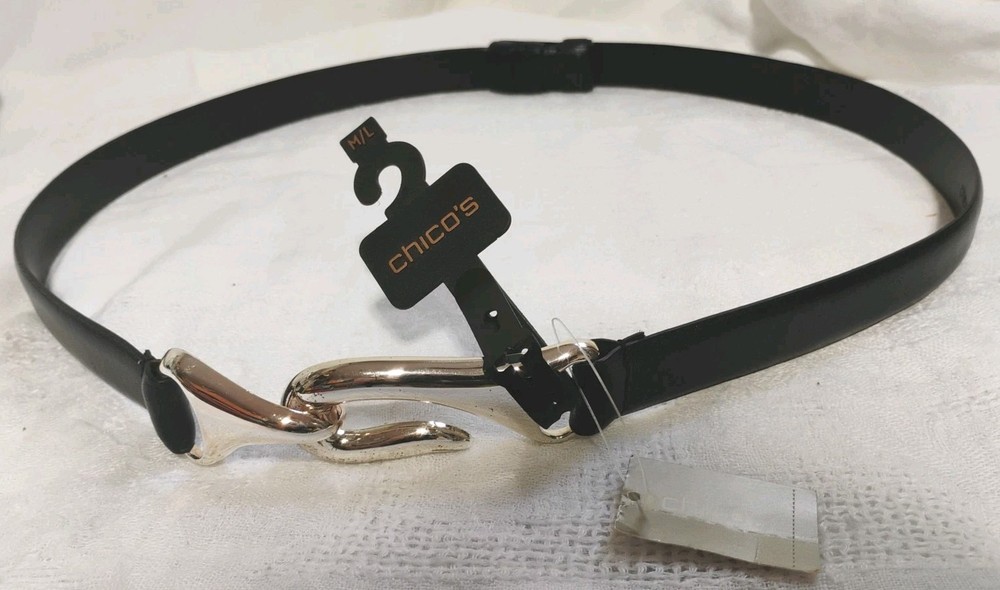 Chicos Black Leather Captain Hook Trouser Belt Adjustable Size M/L Silver New