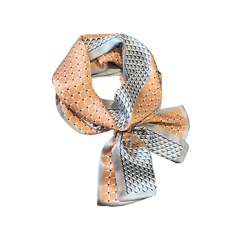Double Sided 100% Mulberry Silk Scarf Orange Gray Check Head Wrap 150x15cm