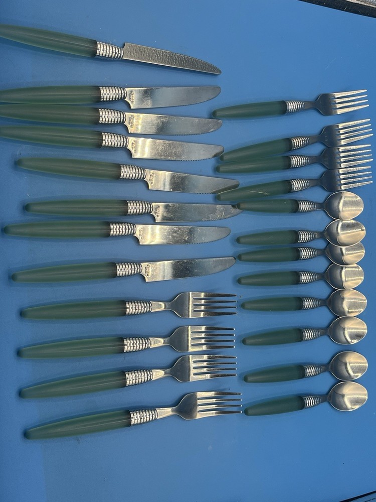 Mid Century Modern Green Handle Flatware Set 24pc Atomic Retro