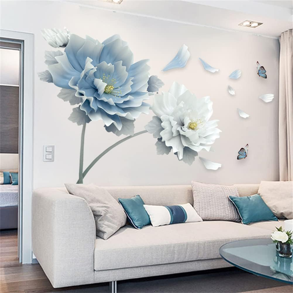 Blue Flower Wall Decals Stickers,Peel and Stick Flower Wall Sticker DIY Floral W