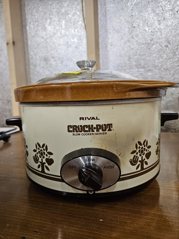 Vtg Rival Crock-Pot Slow Cooker 4 Quart Brown Cream Floral Bird Retro Kitchen