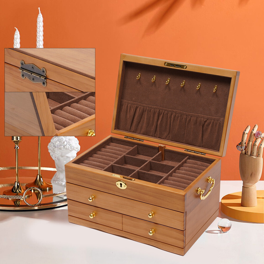 Elegant 3-Layer Wooden Jewelry Box with Safe Lock and Velvet Interior