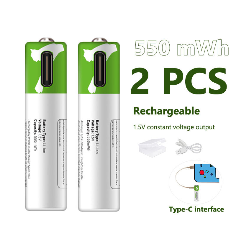 2PCS USB-C Rechargeable AAA Lithium Batteries 1.5V with Fast Charging 750mWh  