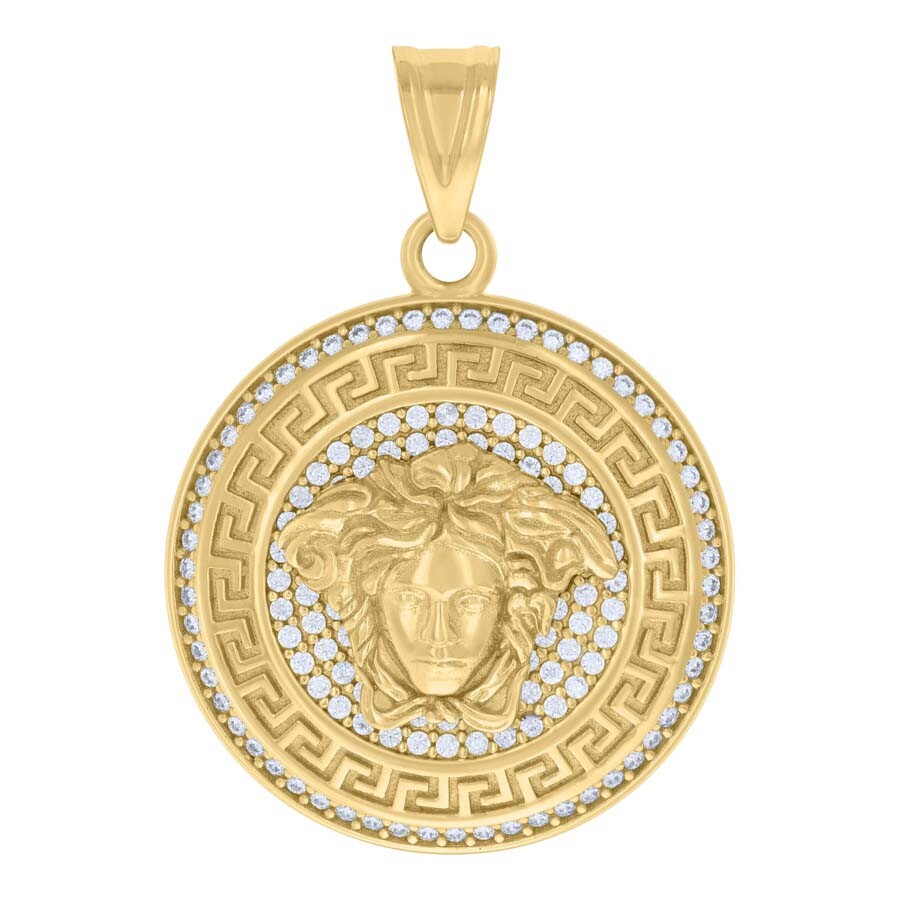 14K Yellow Gold Cubic-Zirconia Greek Key Border Medusa Egyptian Charm Pendant
