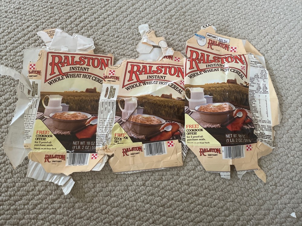 Set Of 3 Ralston Vintage 1981 Instant Whole Wheat Hot Cereal Empty Packaging