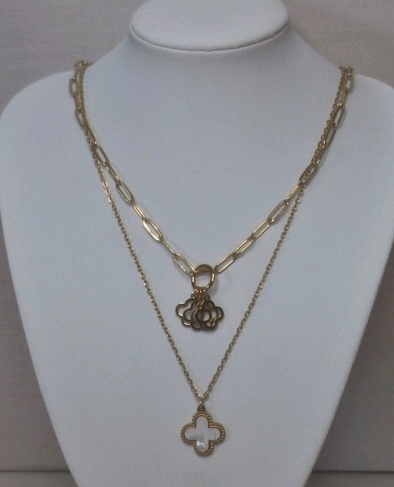 Double Layer Clover Necklace in White or Black Stainless Steel-image