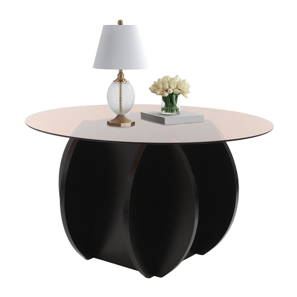 Modern Round Coffee Table with Tempered Glass Top & Wood Base for Living Room
