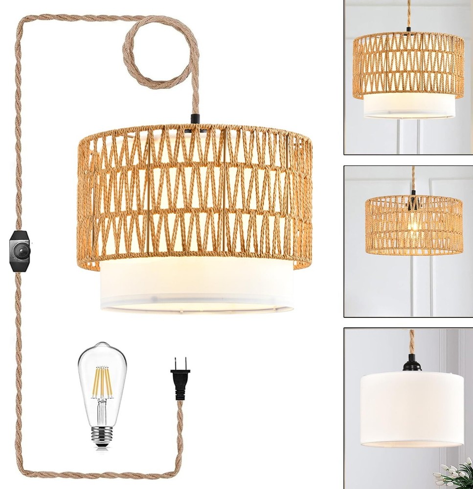 Boho Plug in Pendant Light Rattan Hanging Lights with Plug in Cord,Indoor Han...
