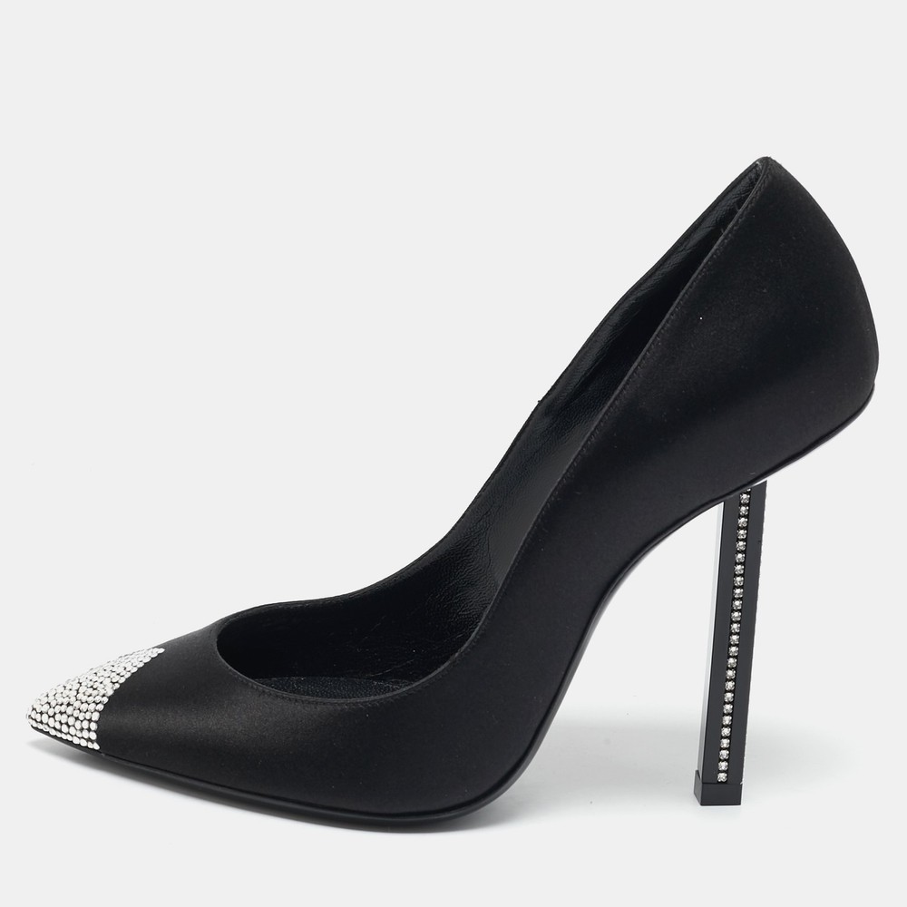 Saint Laurent Black Satin Crystal Tower 110 Pointed Toe Pumps