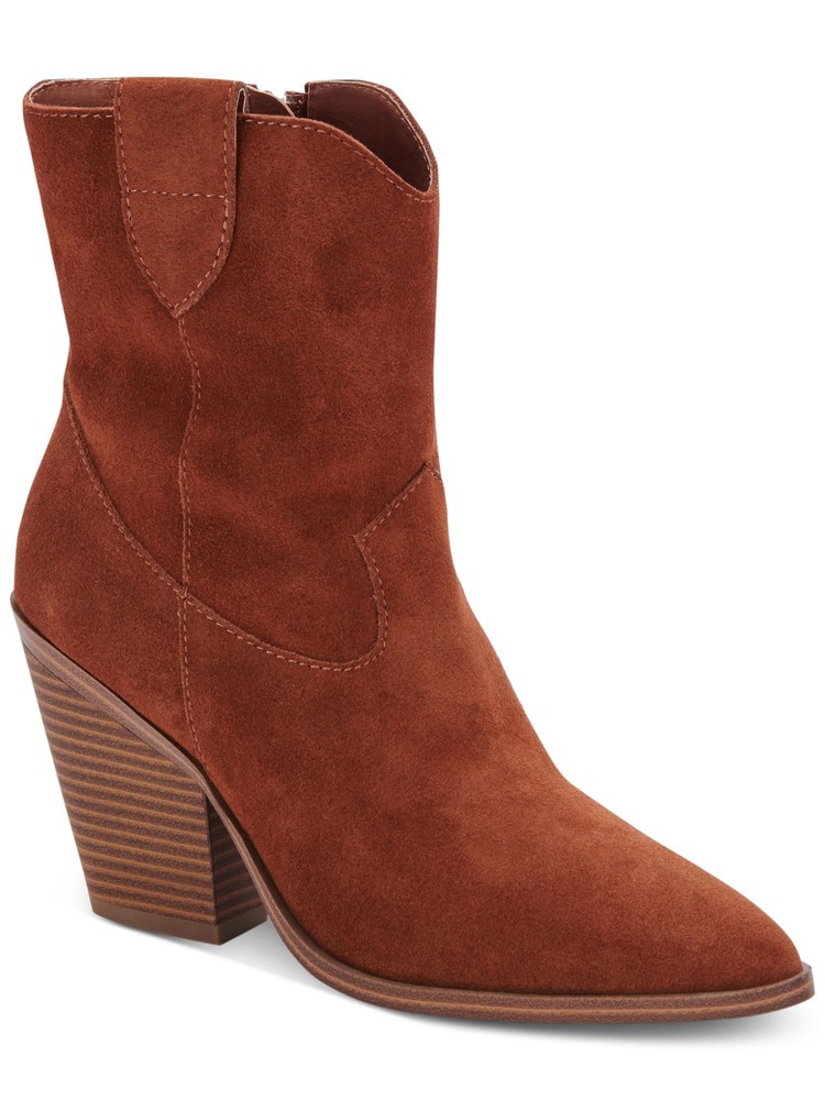 AQUA COLLEGE Womens Brown Pull Tab Winder Toe Block Heel Leather Booties 7.5 M