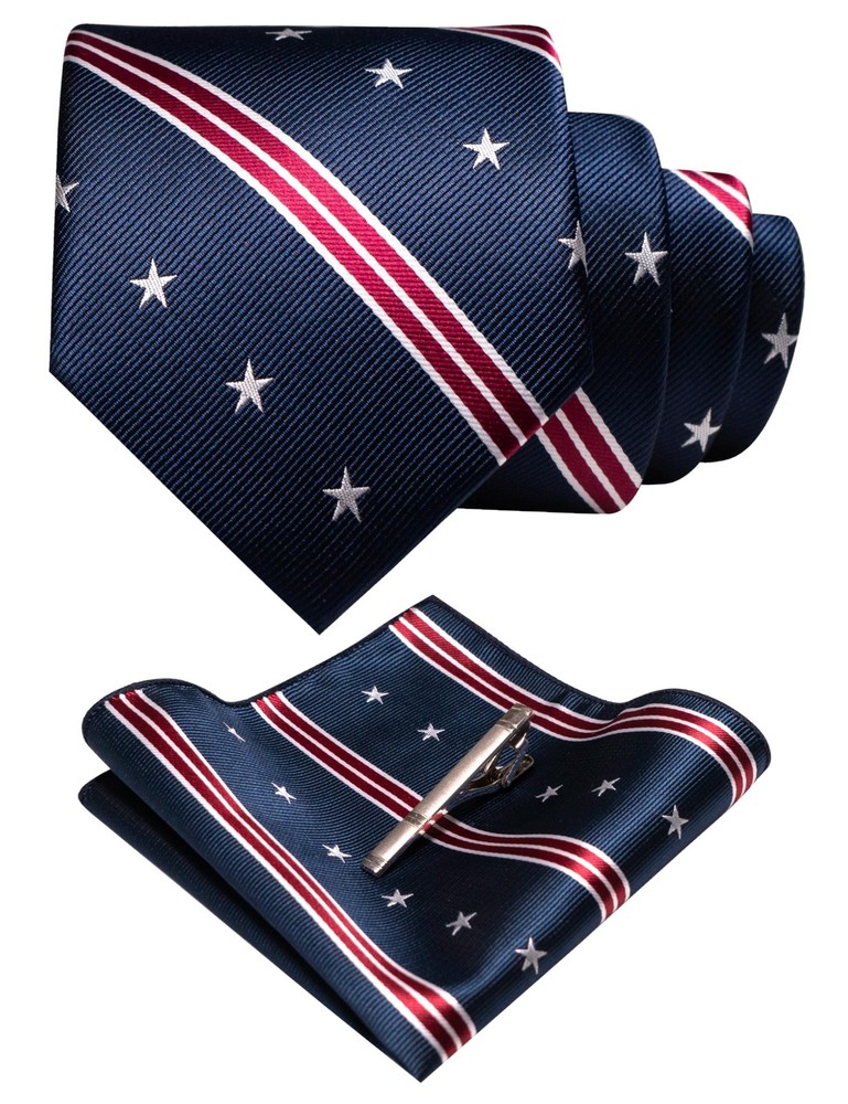 Patriotic Navy Blue American Flag Tie Set with Pocket Square and Clip