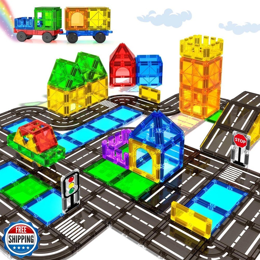 Magnetic Tiles Road Building Set with Car for Kids Ages 3+  