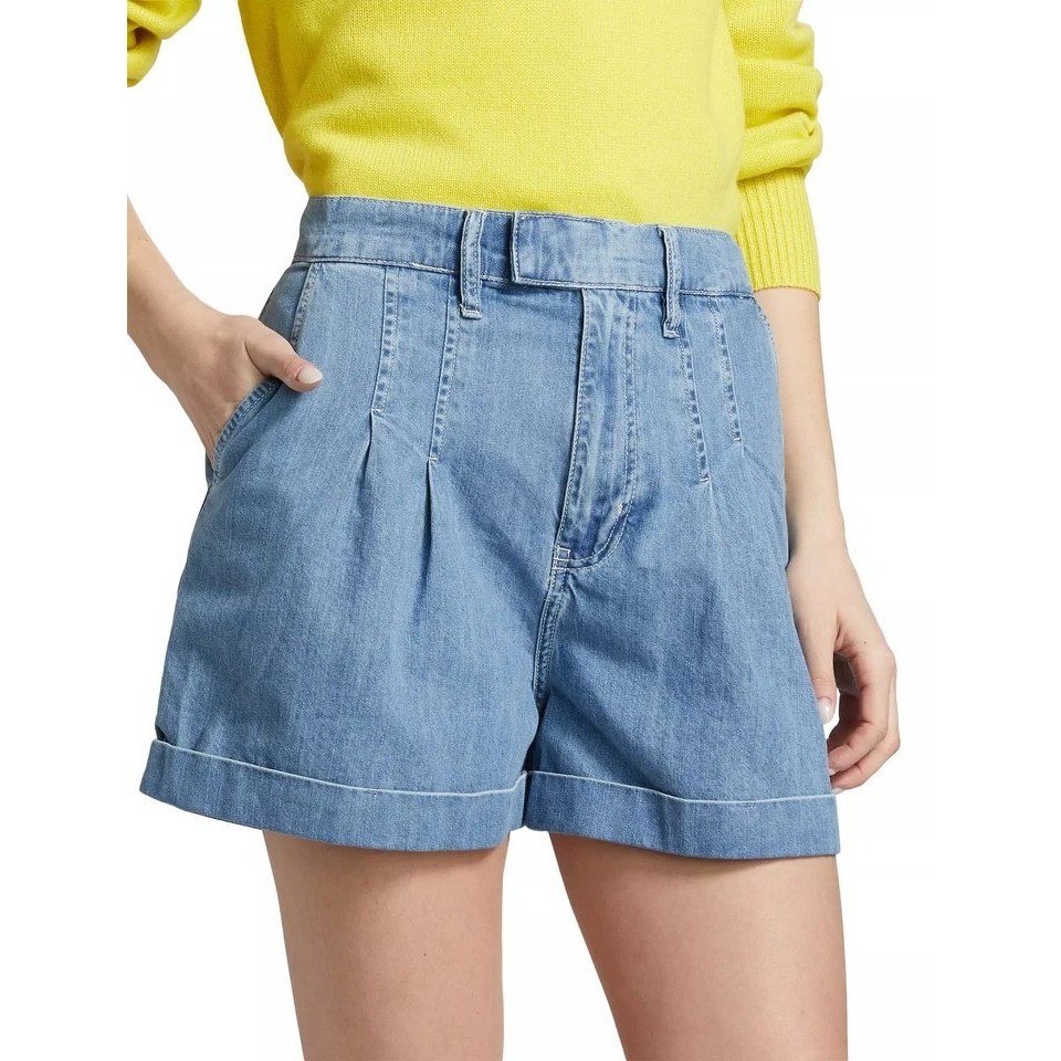 FRAME Rhythm Denim Pleated High Waisted Shorts Womens 8 Blue Preppy Twee NWT