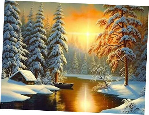5D Diamond Painting Sunset Forest Cottage in Winter Full Drill by Number, DIY