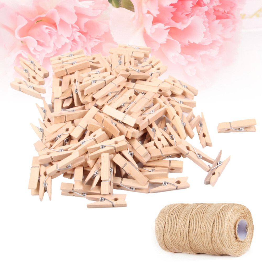 100Pcs Mini Wooden Clothespins Pegs Photo Clips with Jute Twine for Crafts