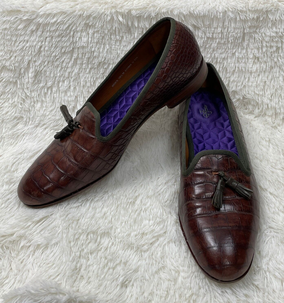 Cole Haan Bellaver Smoking Slippers Mens 10.5 Brown Croc Skin Leather Shoes