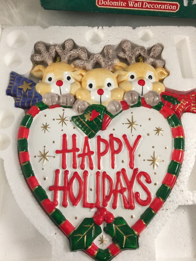 vtg HAPPY HOLIDAYS REINDEER Wall Plaque Christmas Holiday dolomite ceramic