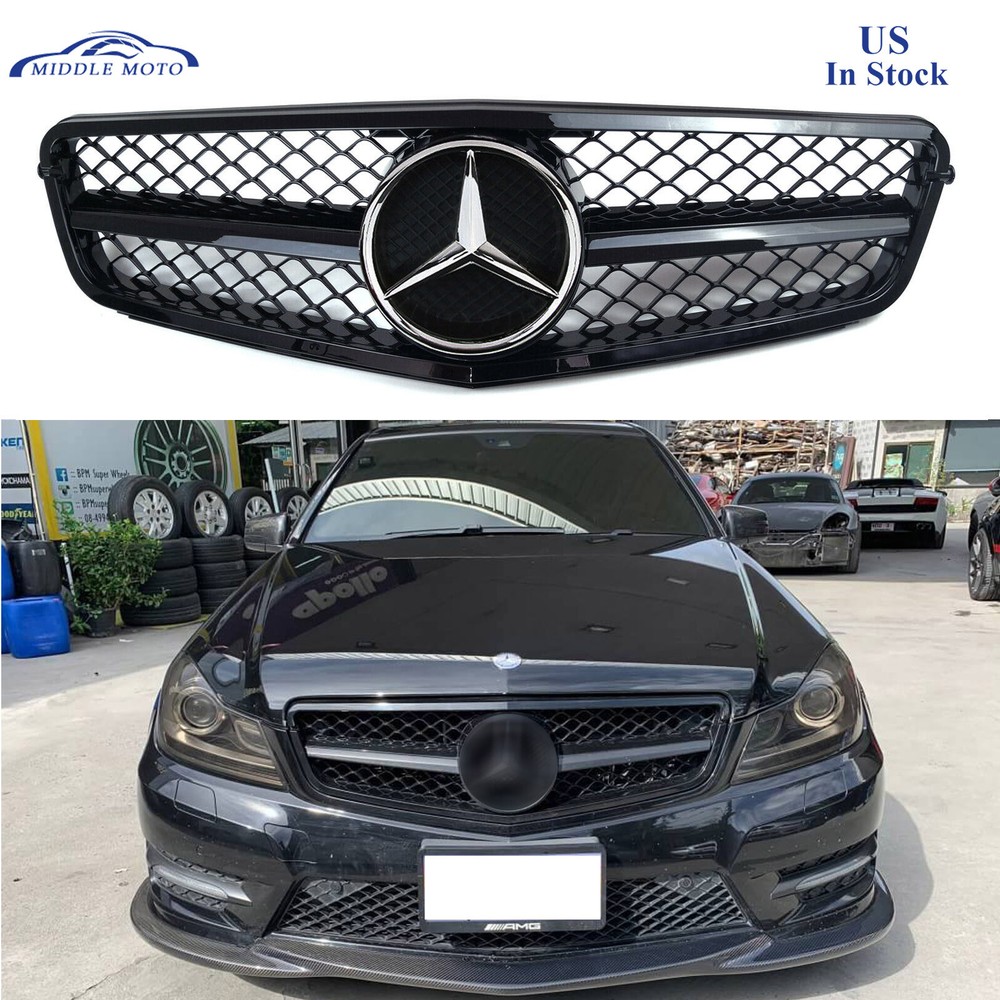 Black AMG Style Front Grille Grill + Chrome Star For Benz W204 C250 C350 2008-13