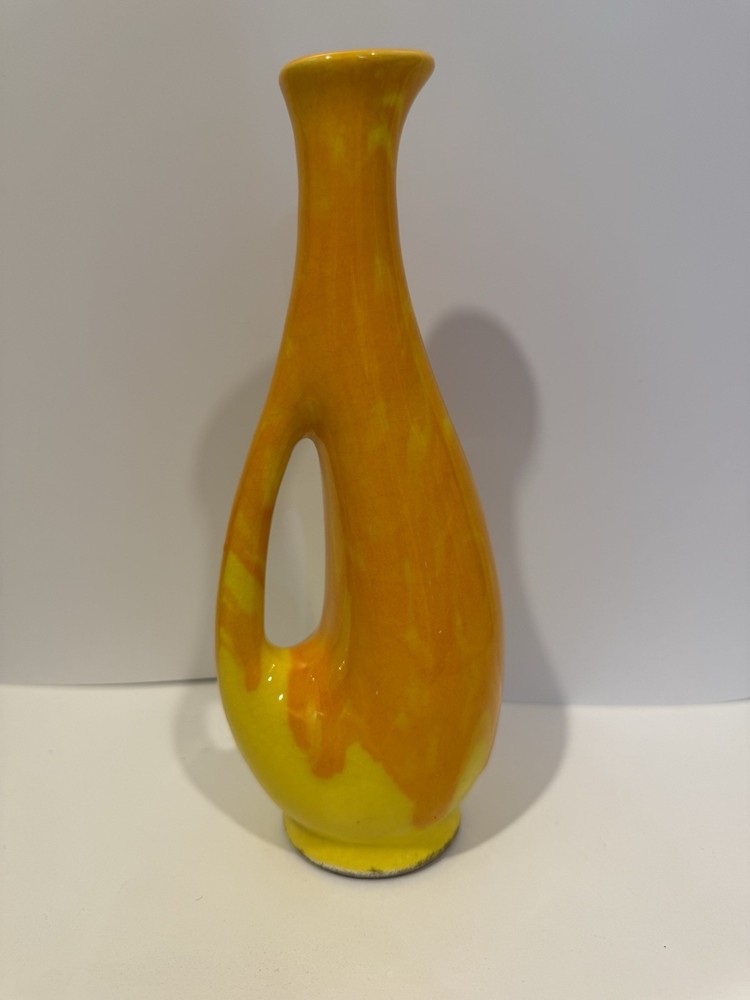 Stunning Orange And Yellow Art Pottery Vase With Handle Vintage