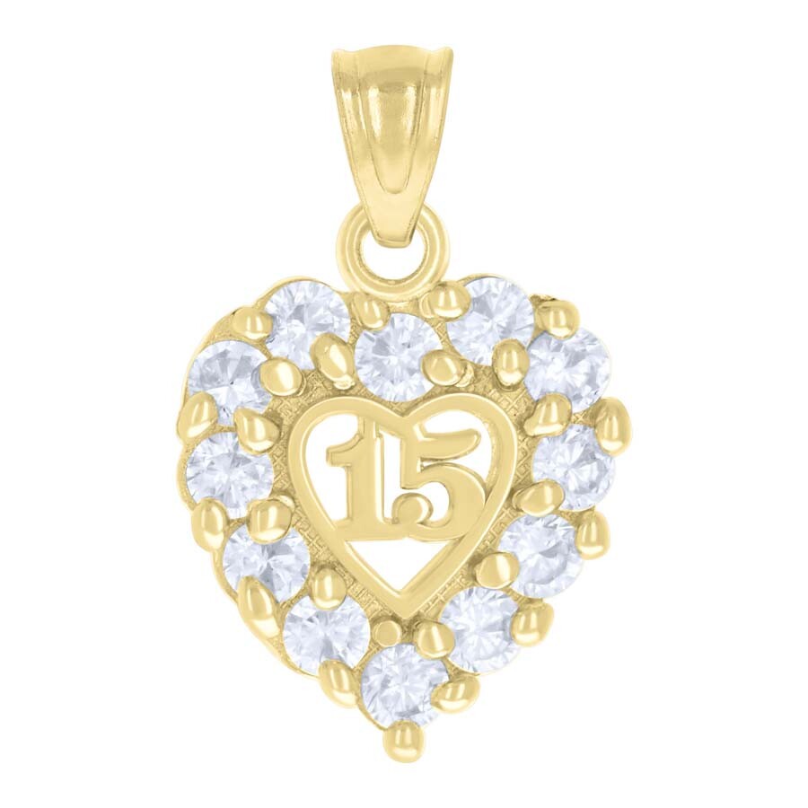 10k Two-Tone Gold CZ Sweet 15 Heart Pendant for Women 1g
