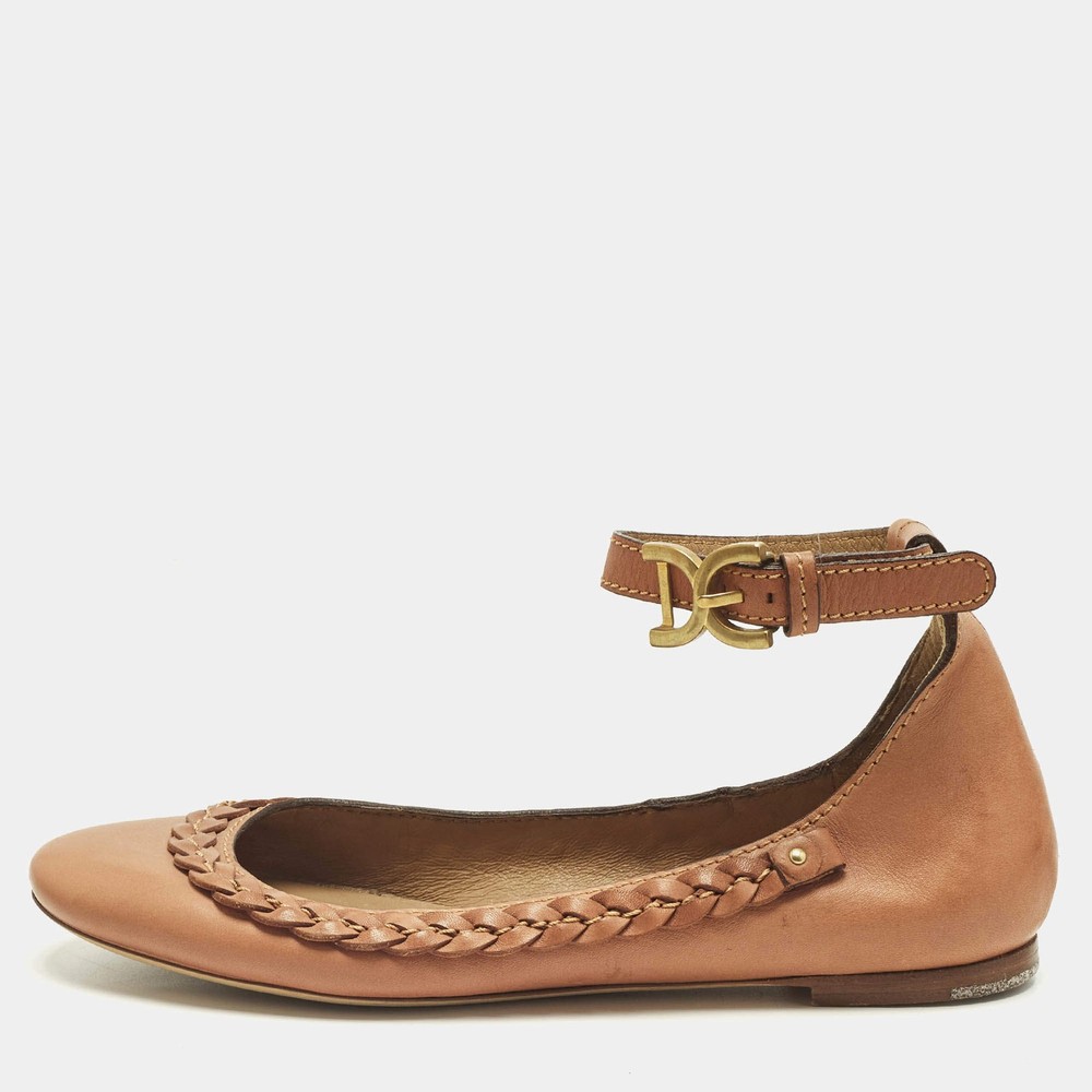 Chloe Brown Leather Braided Cuff Ballet Flats Size 37