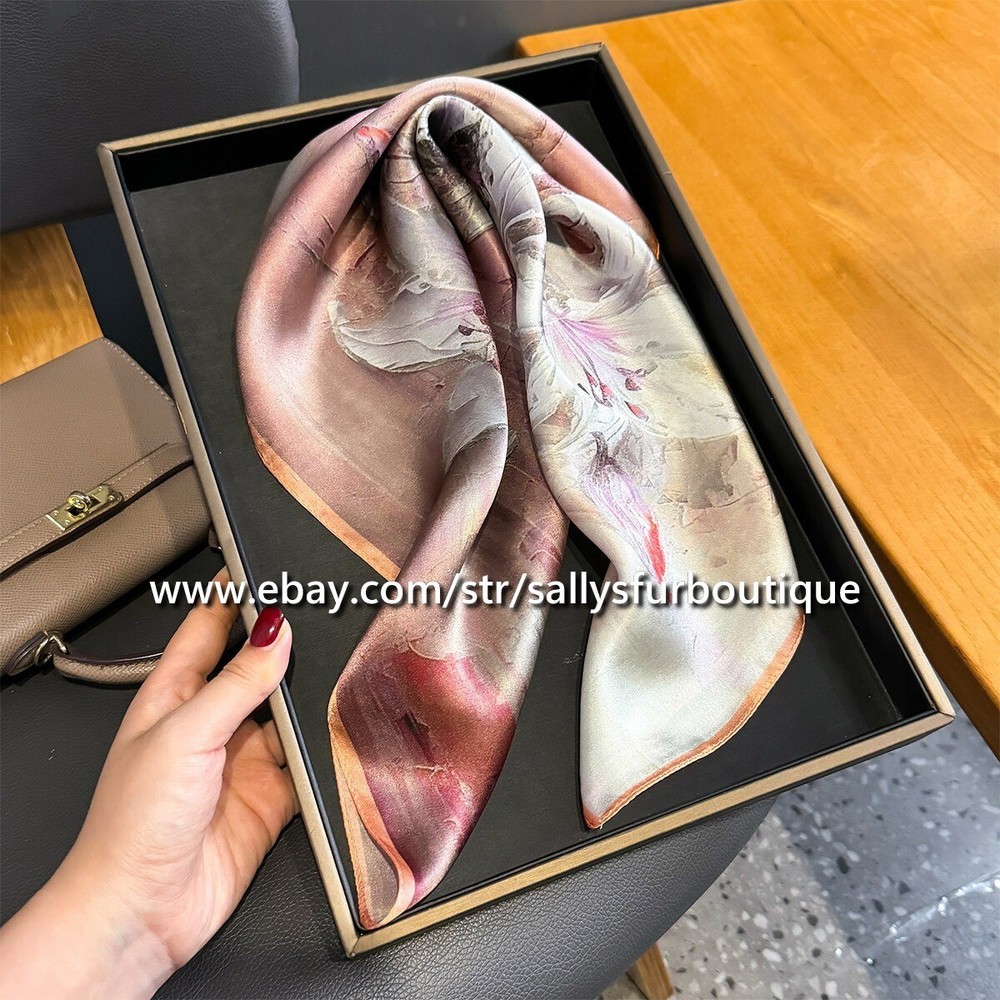 Sallys 100% Satin Silk Scarf Flowers Painting Print Square Necktie Hairband 21