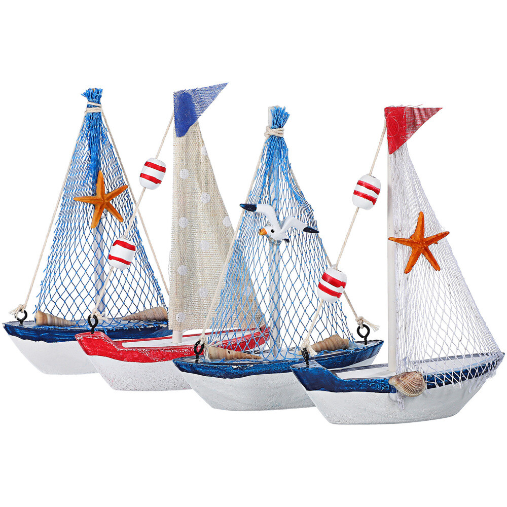 4 Pcs Sailboat Ornament Beach Nautical Design Wooden Canvas