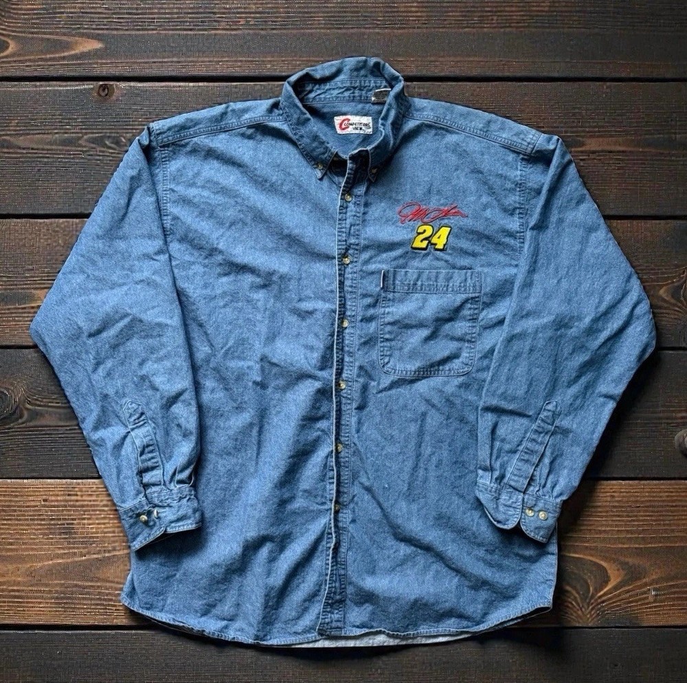 VTG Jeff Gordon Shirt Mens XL Blue Denim NASCAR Racing 24 Car Button Up 90s Y2K