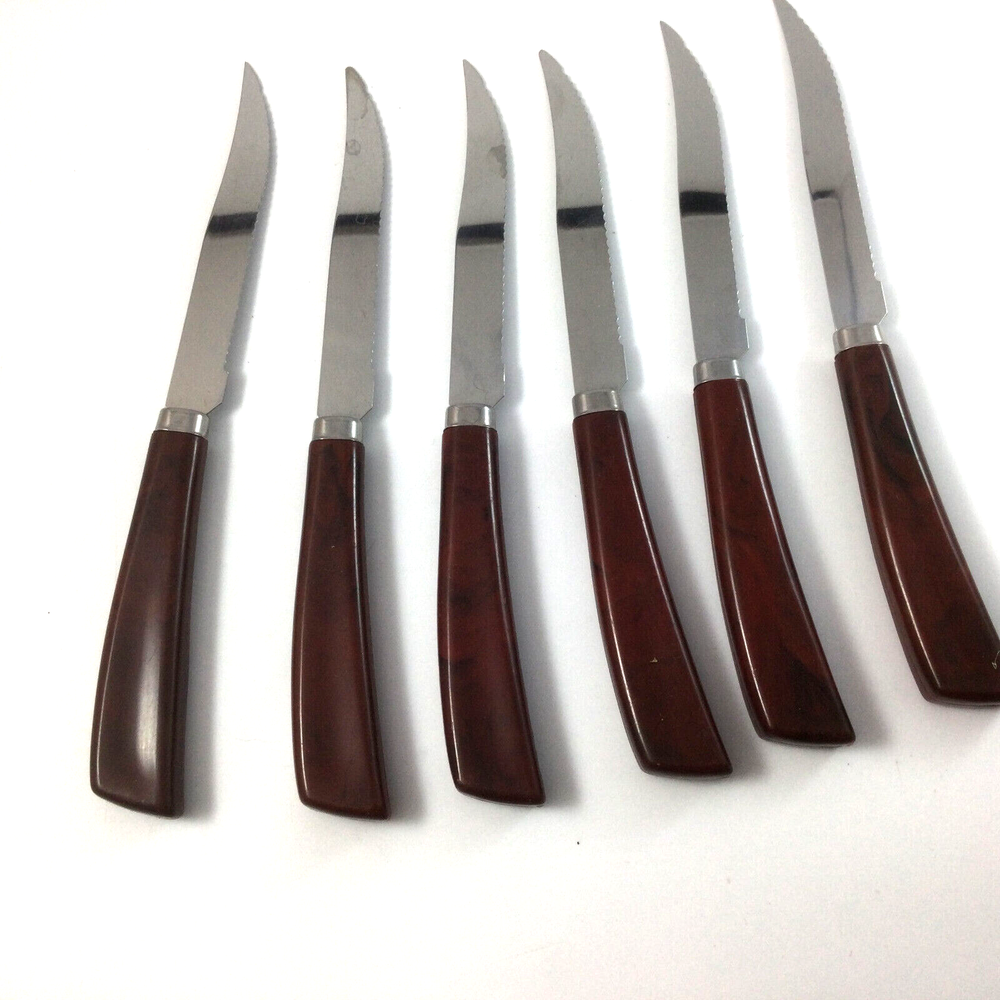 Lot of 6 Retro Quikut Stainless Steak Knives with Brown Plastic Handles