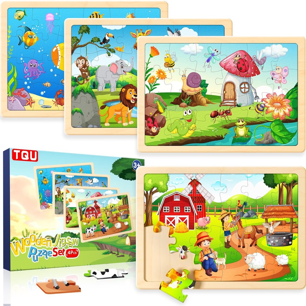 TQU Wooden Puzzles Toys for Kids Ages 4-6 3-5 Set of 4 Packs with 24-Piece Fa...