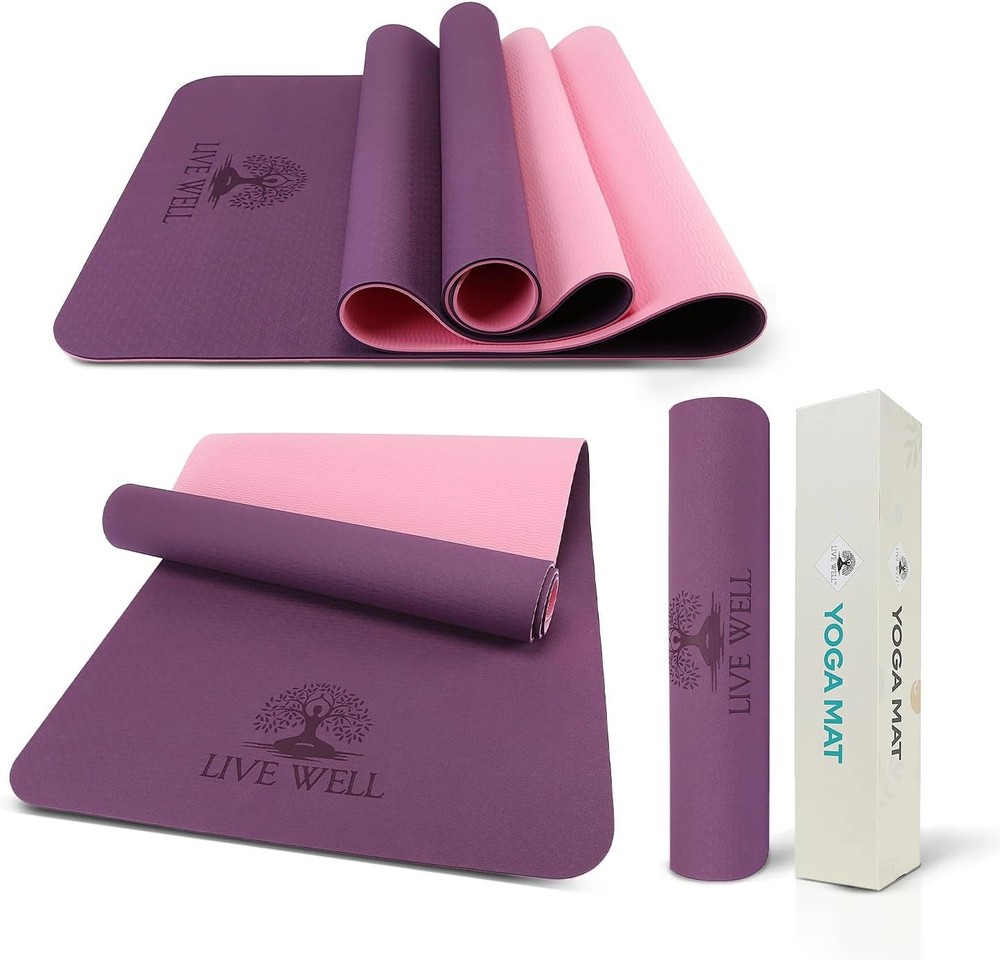 Live Well Thick Yoga Mat - 6Mm Tpe Non-Slip Exercise Mat For Home Gym, Dual Colo