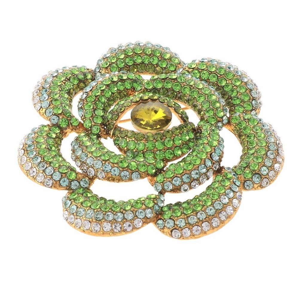 Gold Tone Metal Large Flower Brooch With Rhinestone P1326-GRN