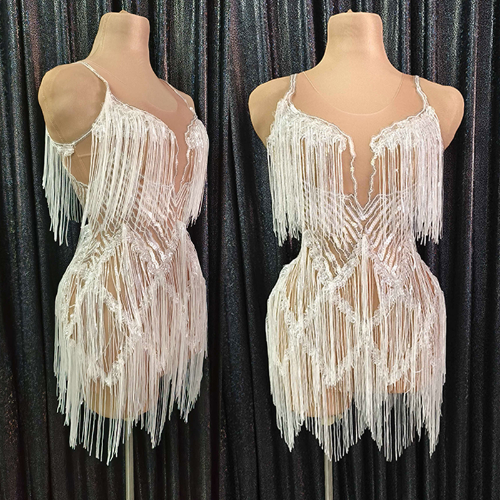 White Fringe Drag Queen Costume for Stage Party Rave Festival
