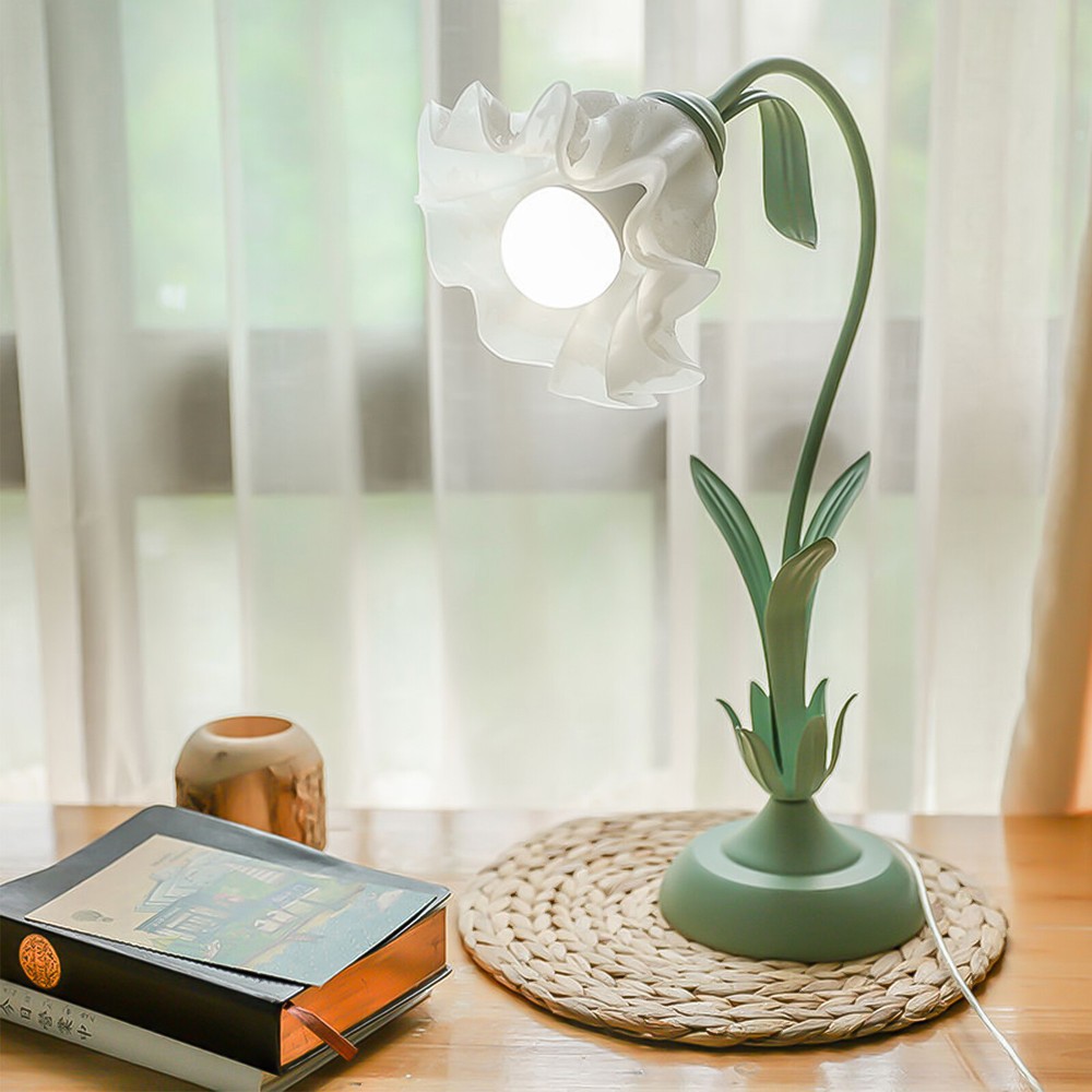 White Glass Table Lamp with Tiffany Style Victorian Design Flower Shade Handmade
