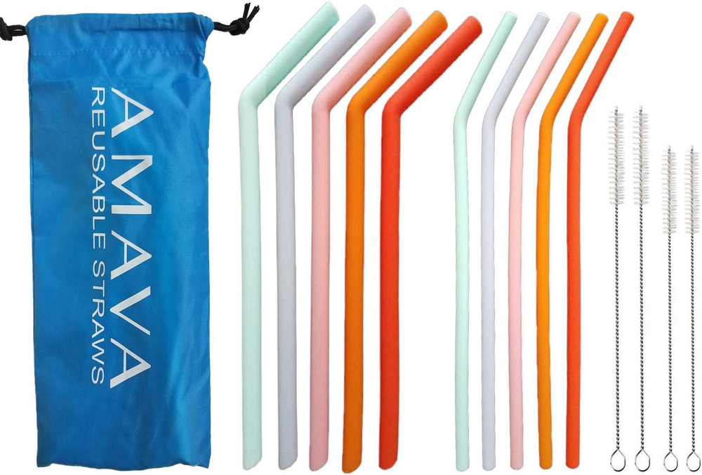 Regular & Jumbo Reusable Silicone Straws- Set of 10 with Carrying Bag- BPA Free-