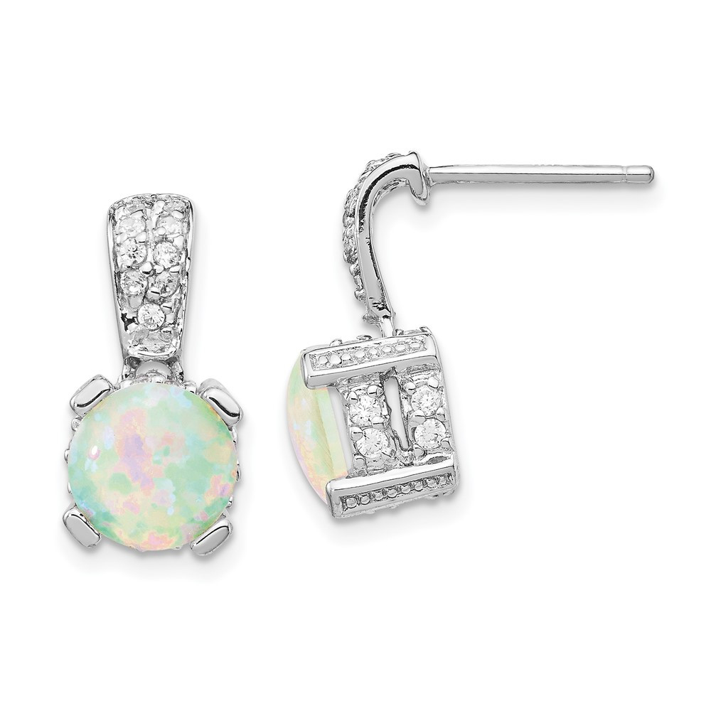 Sterling Silver 8mm Lab Opal & CZ Drop Dangle Earrings