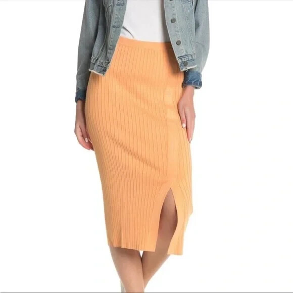 525 AMERICA Snap Ribbed Knit Midi Skirt Orange Size M