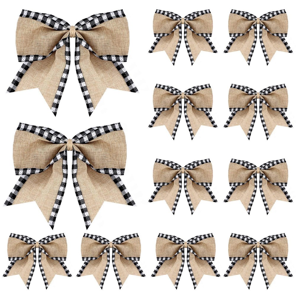 12 Pieces Black White Plaid Gift Bows Burlap Wreaths Bows Christmas Burlap Pl...