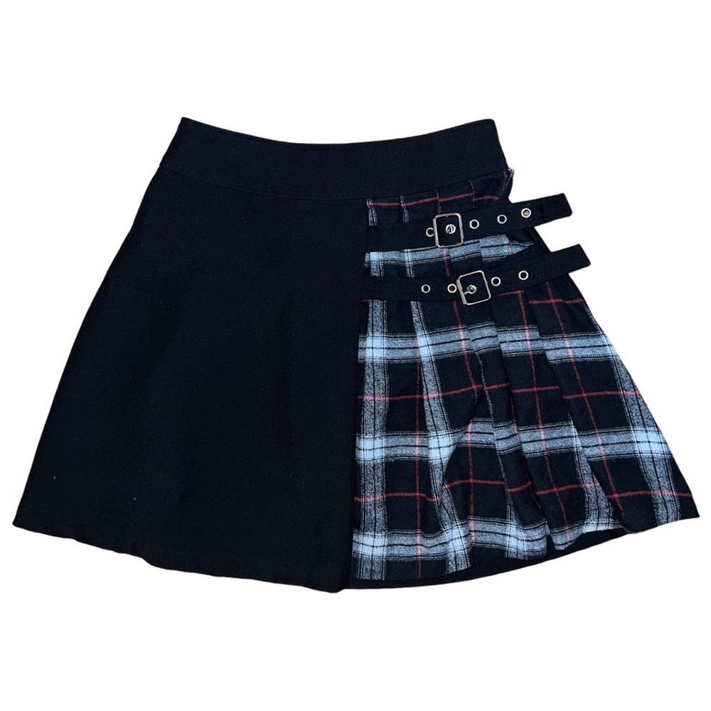 Black and Gray A-Line Mini Skirt with Double Buckles for Women Size Small Goth Grunge Style
