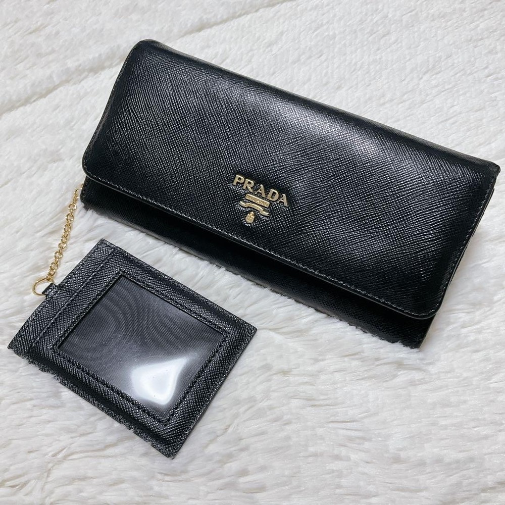 Prada Saffiano Leather Long Wallet with Pass Case Black Gold Fittings Pre-Owned