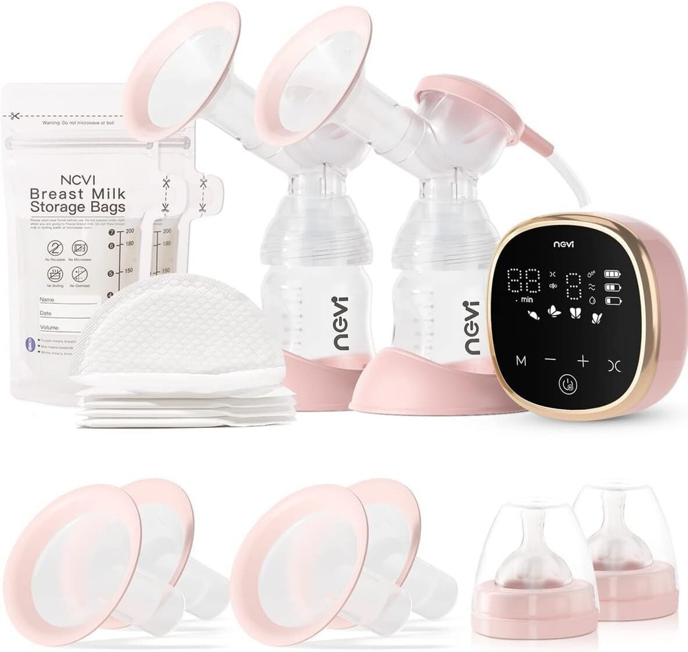Double electric breast pump with 4 size rims, 4 modes, 9 levels, LED screen, and 10 storage bags-image