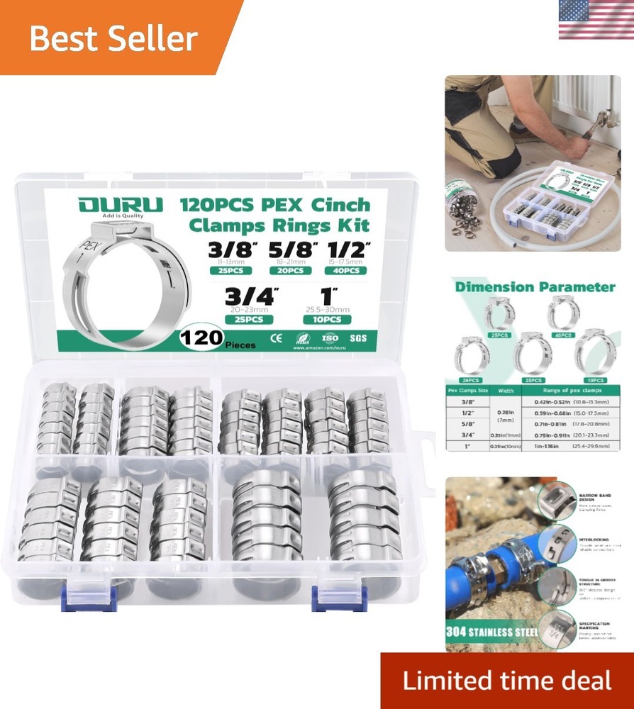 120PCS PEX Crimp Rings Assortment - Durable Stainless Steel Clamps for Plumbing