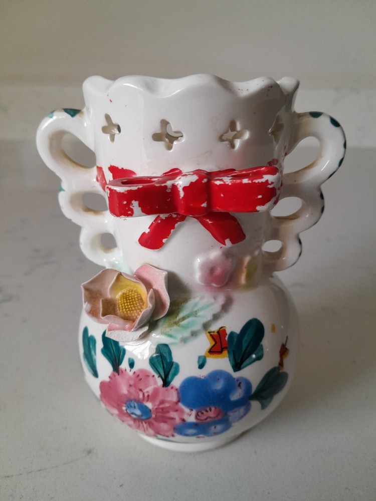 Vintage Pink Yellow Ceramic Wall Pocket Vase Handmade Japan  